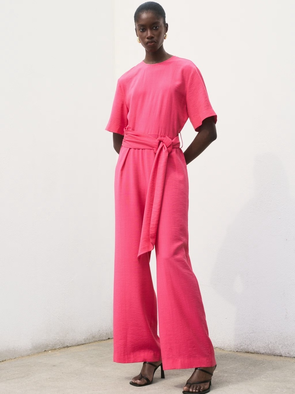 Mango Pink straight fit short sleeved jumpsuit with belt NWT
